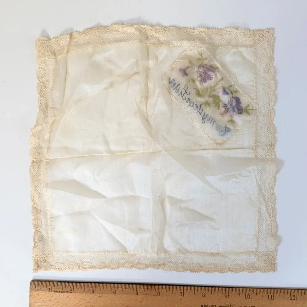 Vintage Embroidered Sister Handkerchiefs Pair Floral Lace To My Dear Sister